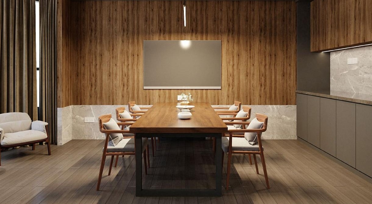 Team table with wood wall and screen