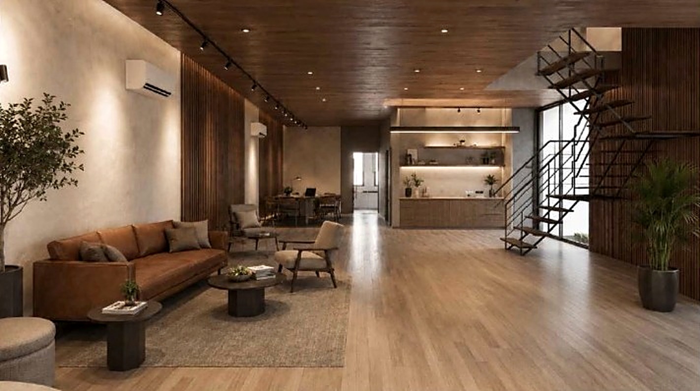 Design of open lounge with leather sofa
