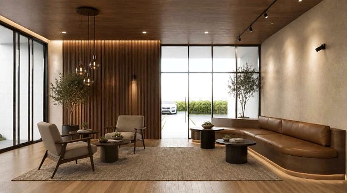 Design of client lounge with curved sofa